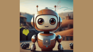Roboter mit großen Augen vor einer Landschaft