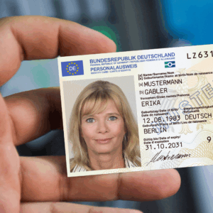 Personalausweis mit Passfoto in einer Hand