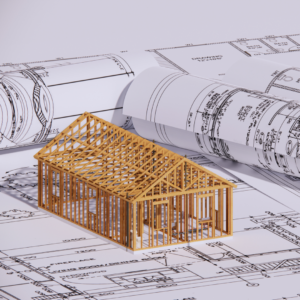 Holzrahmen eines Hauses auf einem Bauplan vor einer technischen Zeichnung